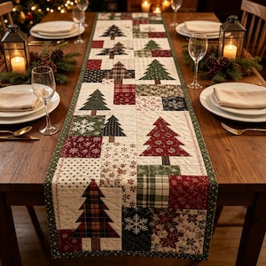 Puede incluir: Un camino de mesa acolchado rectangular con un diseño de patchwork de árboles de Navidad, copos de nieve y patrones florales en tonos rojo, verde, blanco y negro. El camino tiene un borde verde oscuro y costuras visibles en la tela.
