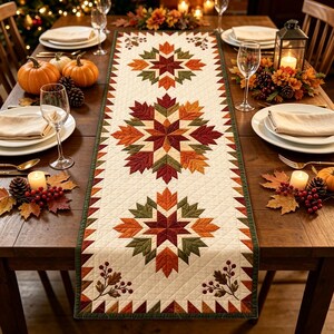 Puede incluir: Un camino de mesa acolchado con fondo color crema y tres grandes patrones en forma de estrella compuestos por hojas de colores otoñales en tonos naranja, rojo y verde. El borde presenta un patrón triangular y pequeñas ramas con bayas.
