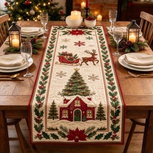 Peut inclure: Un chemin de table matelassé rectangulaire avec un fond crème et une scène de Noël festive. Le motif comprend une maison rouge, un sapin de Noël vert, un renne tirant un traîneau et une bordure de feuilles de houx vertes et de baies rouges.