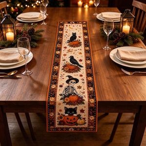 Halloween Quilted Table Runner, Skeleton Black Cat Crow Pumpkin Harvest Table Runner, Spooky Fall Farmhouse Dining Table Decor