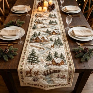 Puede incluir: Un camino de mesa rectangular con un estampado de paisaje invernal que incluye cabañas nevadas, árboles de hoja perenne, un arroyo, un puente de madera y ciervos. El borde está decorado con piñas y follaje sobre un fondo de tela color crema.