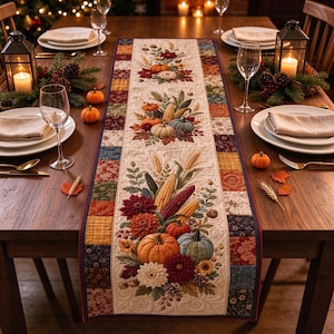 Gesteppter Tischläufer mit Herbstmotiv, Tischdekoration mit Kürbis- und Blumenmuster, Tischdekoration im Landhausstil für Thanksgiving