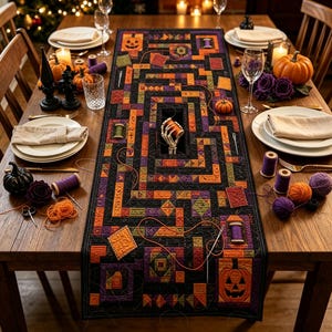 May include: A rectangular quilted table runner featuring a black, orange, and purple geometric maze pattern with jack-o'-lantern motifs. A skeletal hand emerges from the center holding a spool of orange thread, surrounded by scattered sewing supplies.