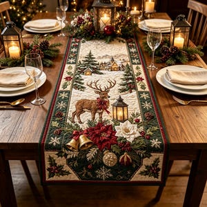 Peut inclure: Un chemin de table de Noël matelassé présentant une scène centrale avec un cerf, une lanterne et un paysage enneigé avec des sapins. La bordure vert foncé est ornée de poinsettias, de cloches dorées, de pommes de pin et de boules de Noël.