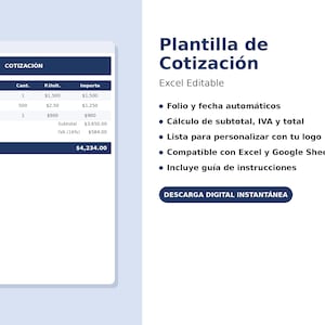 May include: A digital quote template for Excel and Google Sheets featuring a dark blue header with the text COTIZACIÓN. The document includes columns for description, quantity, unit price, and total, with a summary section for subtotal, tax, and total.