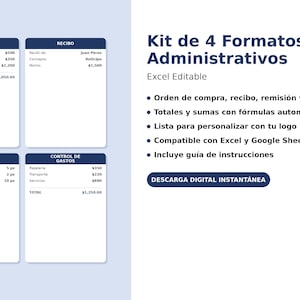 Könnte beinhalten: Ein digitales Set mit vier administrativen Vorlagen: Bestellung, Quittung, Lieferschein und Ausgabenverfolgung. Der Text enthält 'Kit de 4 Formatos Administrativos', 'Excel Editable' sowie 'DESCARGA DIGITAL INSTANTÁNEA'.