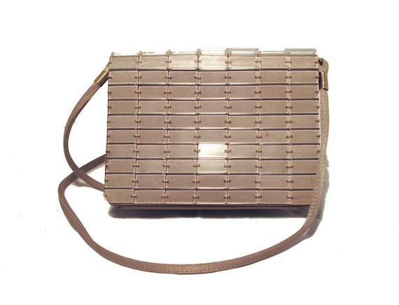 1960s Taupe Silk & Lucite Beaded Clutch or Shoulde