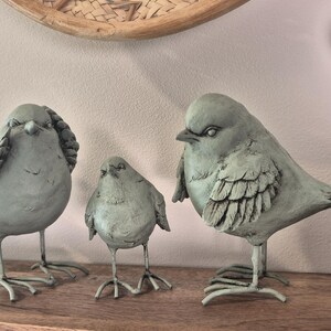 Peut inclure: Un ensemble de trois figurines d'oiseaux vert sauge avec des détails de plumes texturés et de fines pattes en métal. Les oiseaux sont de tailles variées, chacun présentant un corps arrondi, un bec pointu et une expression faciale boudeuse.