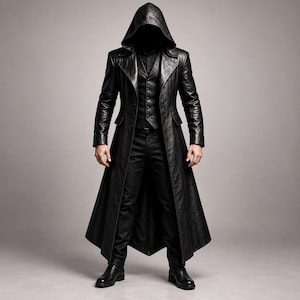 Men's Black Leather Hooded Trench Coat, Gothic Long Leather Coat, Steampunk Assassin Duster, Hooded Leather Trench, Halloween Costume