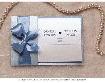 Silver pearl wedding card invitation wedding stationery with slate-blue ribbon bow old machine heart abroad with RSVP card or postcard