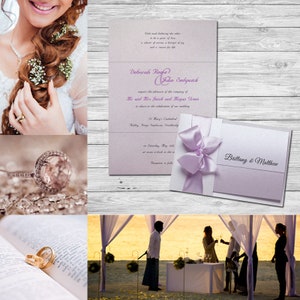 Convites de casamento românticos feitos à mão, cartões personalizados, convites de casamento branco pérola lavanda, no exterior, laço de fita lavanda com RSVP