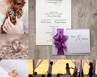 Hand-made personalised wedding invitations with satin violet ribbon bow lavender pearl wedding, wedding couple, drawing cards with RSVP