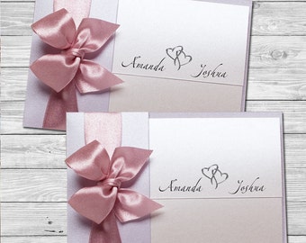 Handmade elegant wedding invitations invites personalized with satin pink ribbon bow,  pearl and lavender + response cards