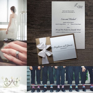 Convites de cartão de chocolate e prata para recepção de casamento à noite, laço de fita de pérola branca, cartões iniciais, com cartão de resposta ou cartão postal