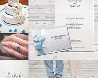 Simple wedding invitations personalized, with satin light blue ribbon bow on metallic pearl and white paper card with RSVP, response cards