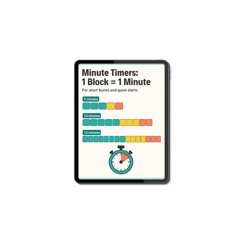 K&ouml;nnte beinhalten: Ein Tablet-Bildschirm mit einer Anleitung mit dem Titel Minute Timers: 1 Block = 1 Minute. Es zeigt Reihen von t&uuml;rkisfarbenen, gelben und orangefarbenen Quadraten f&uuml;r 5, 10 und 15 Minuten sowie ein Stoppuhr-Symbol mit einem roten Segment unten.