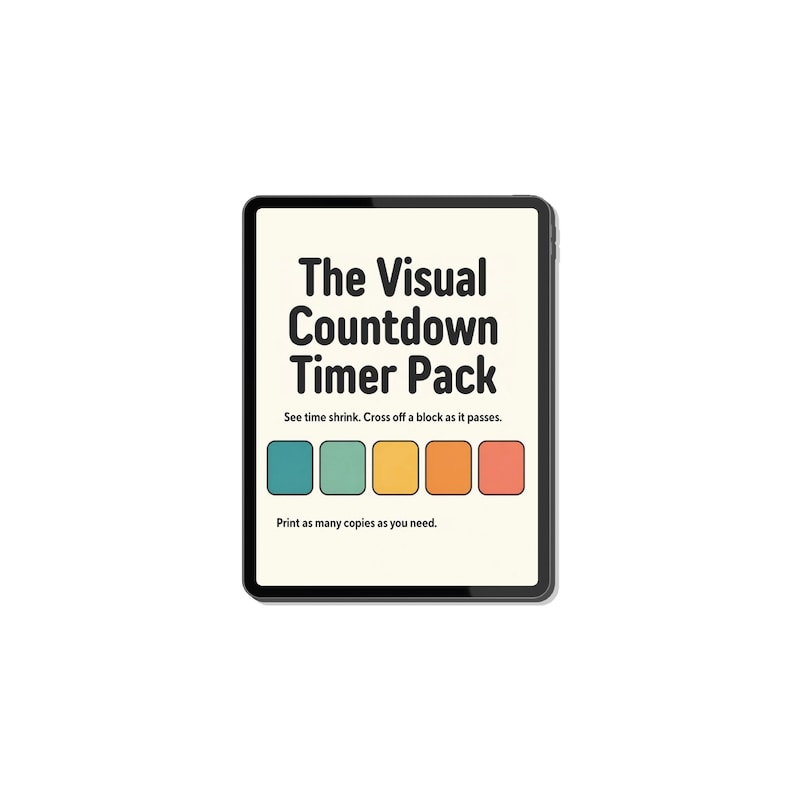 K&ouml;nnte beinhalten: Ein digitaler Tablet-Bildschirm mit The Visual Countdown Timer Pack und dem Text See time shrink. Cross off a block as it passes. sowie Print as many copies as you need. Es zeigt f&uuml;nf abgerundete Quadrate in Petrol, Gr&uuml;n, Gelb, Orange und Rot.