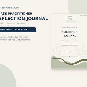 Może przedstawiać: 32-stronicowy dziennik refleksji dla pielęgniarek praktykujących w wersji do druku i cyfrowej od PractitionerPath. Okładka zawiera tekst 'Nurse Practitioner Reflection Journal', 'Reflect, Learn, Develop' oraz botaniczny wzór w kolorze oliwkowym.