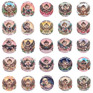 Puede incluir: Una colección de veinticinco pegatinas circulares que muestran una criatura alada en varias poses y expresiones. Cada pegatina incluye texto en indonesio y japonés, rodeado de elementos decorativos florales y de naturaleza.