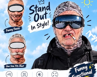 Puede incluir: Un pasamontañas con un estampado realista de una cara con un cigarrillo y dientes faltantes, usado con gafas de esquí negras. El diseño incluye el texto Stand Out In Style, Funny Faces, One Size Fits Most y Funny & Functional.