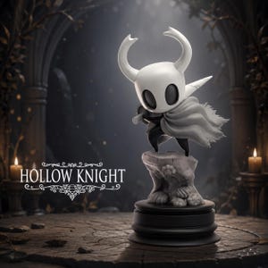 May include: A white and black Hollow Knight figurine featuring a character with a horned mask and a flowing cape, standing on a textured rock base atop a circular black pedestal. The text HOLLOW KNIGHT is displayed in white lettering to the left.
