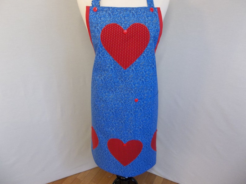 Appliqued Hearts On Full Blue Hostess Apron image 1