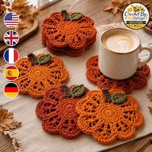 Pumpkin Coaster Crochet Pattern PDF, 8-Lobe Lace Pumpkin Mug Mat with Stem and Leaf, Autumn Table Decor for Coffee Lovers