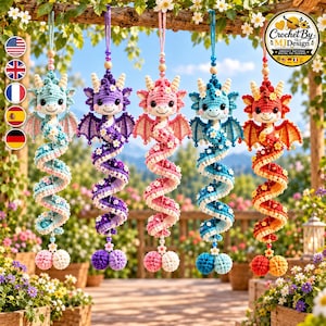 Crochet Dragon Wind Spinner Pattern PDF, Floral Spiral Dragon Hanging Decor, Fantasy Garden Ornament, Intermediate Crochet Download