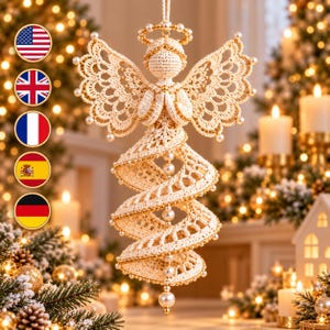 May include: A cream-colored crocheted angel ornament featuring a spiral skirt, intricate lace wings, and a halo. The figure is embellished with small white pearls and gold-toned thread accents, hanging from a string for display.