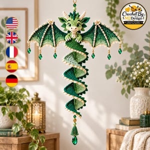 Crochet Dragon Wind Spinner Pattern PDF, Emerald Spiral Dragon Hanging Decor, Fantasy Crochet Ornament, Digital PDF Pattern