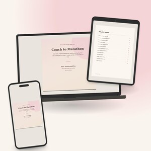 May include: A laptop, tablet, and smartphone displaying a digital guide titled Couch to Marathon. The screens show a 24-week roadmap for running, including a table of contents titled What's Inside, authored by Alyce, a RRCA certified run coach.