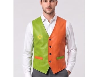 Custom Flowery Inspired Green & Orange Split Leather  Cosplay Vest | Handmade Two-Tone Game Waistcoat | Halloween Deltarune Costume Vest