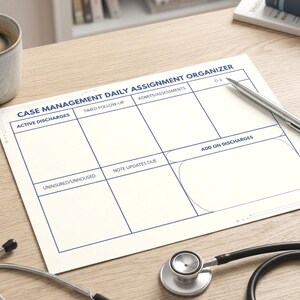 May include: A white paper Case Management Daily Assignment Organizer form with blue grid lines and text headers including Active Discharges, Timed Follow-Up, Admits/Assessments, Uninsured/Unhoused, Note Updates Due, and Add On Discharges.