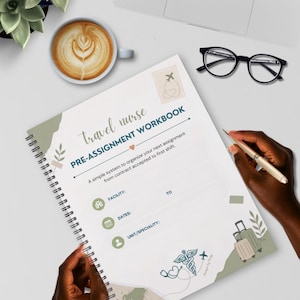 May include: A spiral-bound travel nurse pre-assignment workbook with a white cover featuring green accents, a world map graphic, a caduceus symbol, and luggage illustrations. The text reads travel nurse PRE-ASSIGNMENT WORKBOOK.