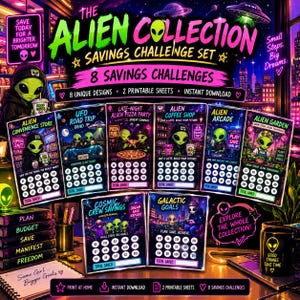 Puede incluir: Un conjunto de desafíos de ahorro digital titulado The Alien Collection que presenta ocho diseños únicos con ilustraciones de alienígenas en colores neón, temas espaciales y casillas de verificación circulares para rastrear metas financieras.