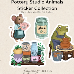 May include: A collection of vinyl die-cut stickers titled Pottery Studio Animals Sticker Collection. The set features a mouse in an apron holding a mug, a jar labeled glaze, a frog throwing clay on a wheel, and a stack of various colorful pottery mugs.