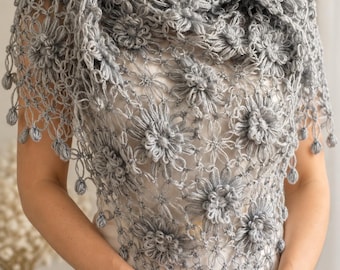 Handmade Silver Floral Crochet Shawl – Elegant Lightweight Wrap