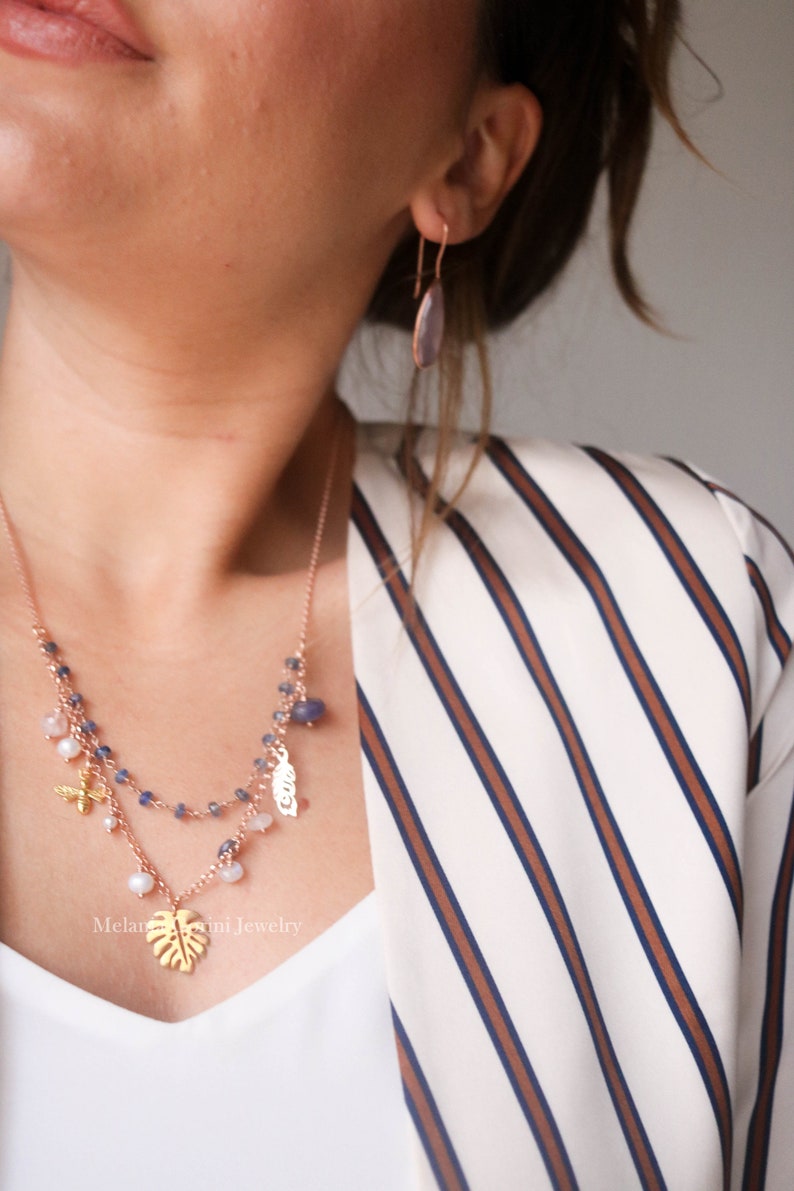 faceted apatite-Made In Italy feather leaf charms-semiprecious stones VITA Necklace-925 sterling silver 18k rose gold plated with bee
