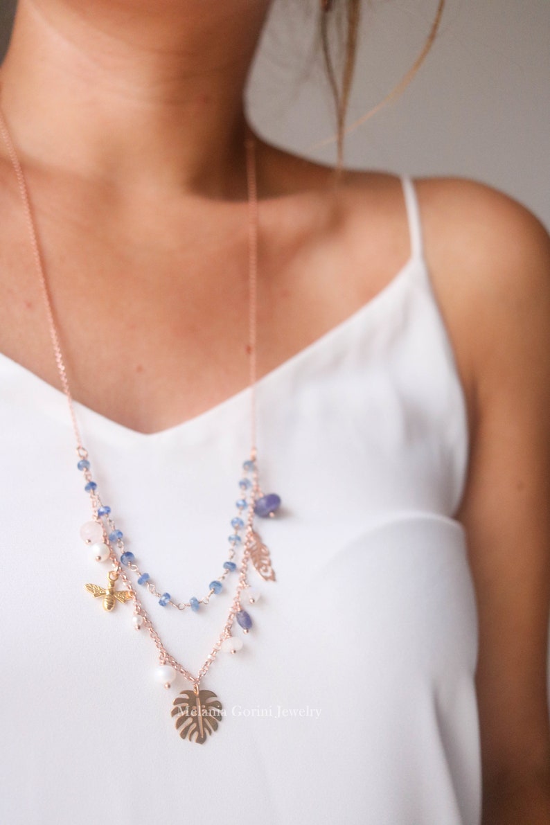 faceted apatite-Made In Italy feather leaf charms-semiprecious stones VITA Necklace-925 sterling silver 18k rose gold plated with bee