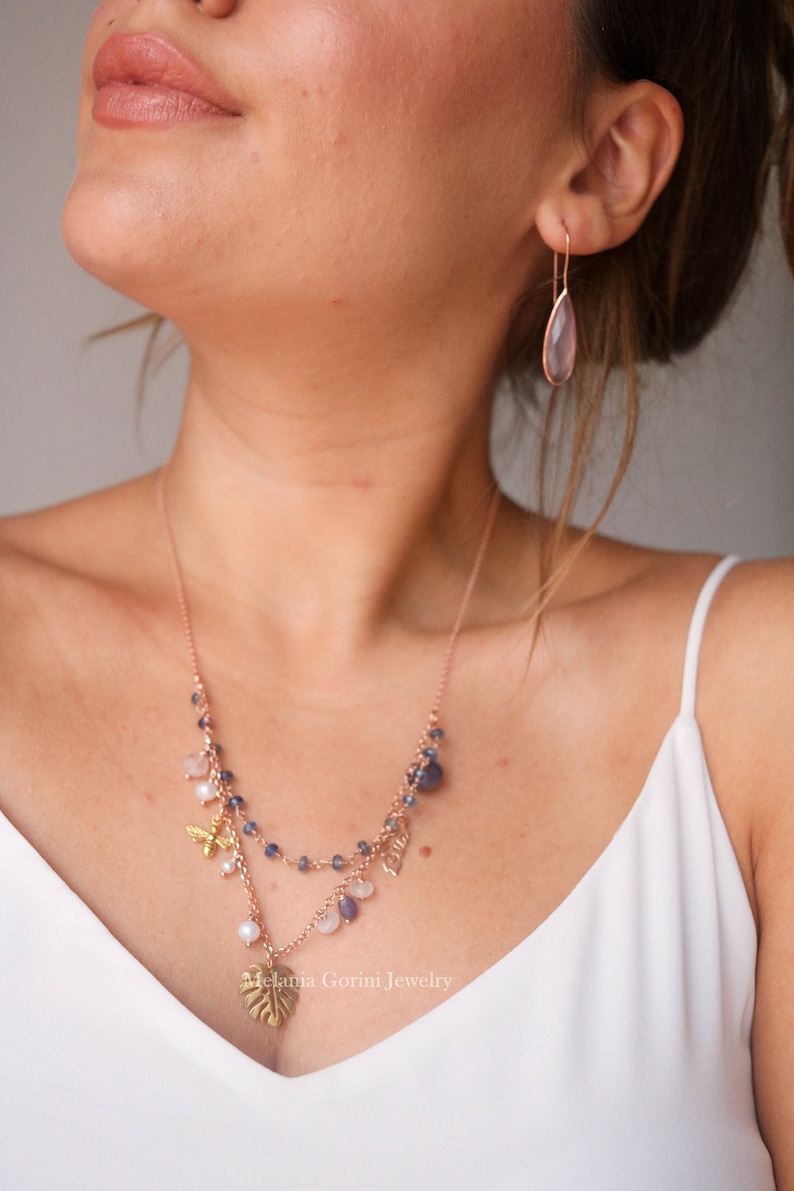 faceted apatite-Made In Italy feather leaf charms-semiprecious stones VITA Necklace-925 sterling silver 18k rose gold plated with bee
