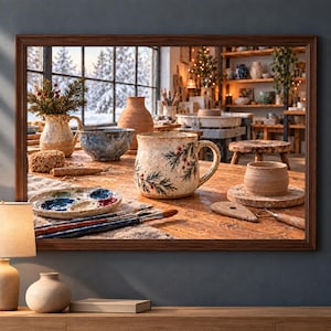 May include: A framed wall art print depicting a pottery studio workspace with a wooden table holding a ceramic mug with pine branch and berry patterns, a paint palette, brushes, a blue bowl, a clay vase, and a small clay pot, with a snowy window view.