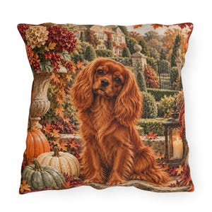 May include: A square throw pillow featuring a printed scene of a brown Cavalier King Charles Spaniel sitting outdoors. The image includes orange and white pumpkins, autumn leaves, a stone pedestal with flowers, and a lit lantern in a garden.