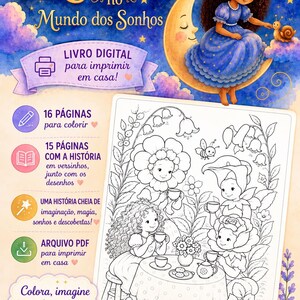 Op de afbeelding: Een digitaal kleurboek getiteld A Menina Lua no Mundo dos Sonhos met een meisje met krullend haar op een maansikkel. Het bevat 16 kleurplaten, 15 pagina's met verhalen en een PDF-bestand om thuis af te drukken met bloemrijke illustraties.