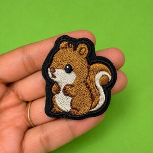 May include: An embroidered patch featuring a cartoon squirrel with brown fur, a white chest, and a white-tipped tail. The design is outlined in thick black thread, creating a defined border around the squirrel figure against a solid background.