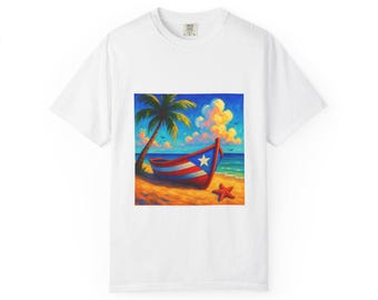Maglietta con bandiera di Porto Rico e barca, regalo Boricua per la spiaggia, maglietta tinta in capo Comfort Colors