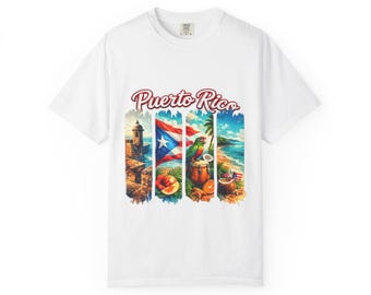 Maglietta con pannelli dei monumenti di Porto Rico, maglietta con bandiera di Garita e pappagallo da spiaggia, regalo Boricua, colori confortevoli