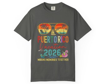 Maglietta per le vacanze a Porto Rico 2026, regalo coordinato per viaggi in famiglia a Boricua, maglietta tinta in capo Comfort Colors