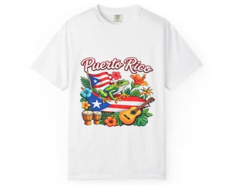 Maglietta con chitarra Coqui di Porto Rico, maglietta con bandiera Boricua e bonghi, regalo musicale portoricano, colori comodi