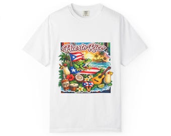 Maglietta con tramonto sull'isola di Porto Rico, maglietta con chitarra e bandiera di Coquí, regalo per le vacanze a Boricua, colori comodi