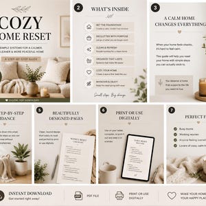 Puede incluir: Una guía digital en PDF titulada Cozy Home Reset, que contiene 25 páginas de instrucciones paso a paso para la organización del hogar. El documento incluye secciones sobre fundamentos, limpieza, orden y rutinas de mantenimiento con listas.